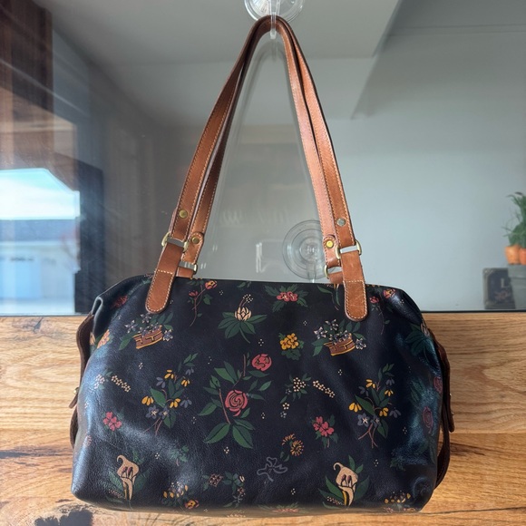 Brahmin Handbags - Vintage Brahmin Floral Leather Shoulder Bag Black Brown Double Strap Medallion